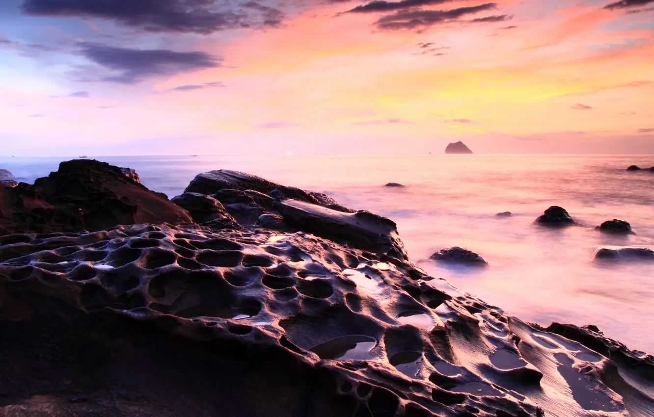 Photo wallpaper sea, landscape, sunset, rocks
