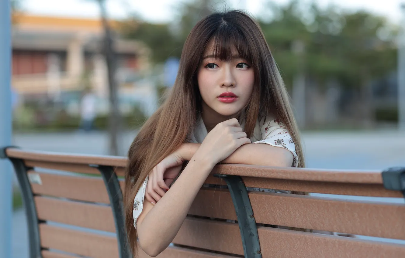 Photo wallpaper girl, hair, Asian, cutie, bench, bokeh