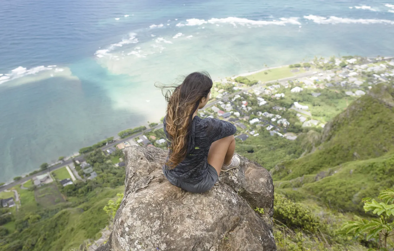 Photo wallpaper girl, stones, the ocean, rocks, top