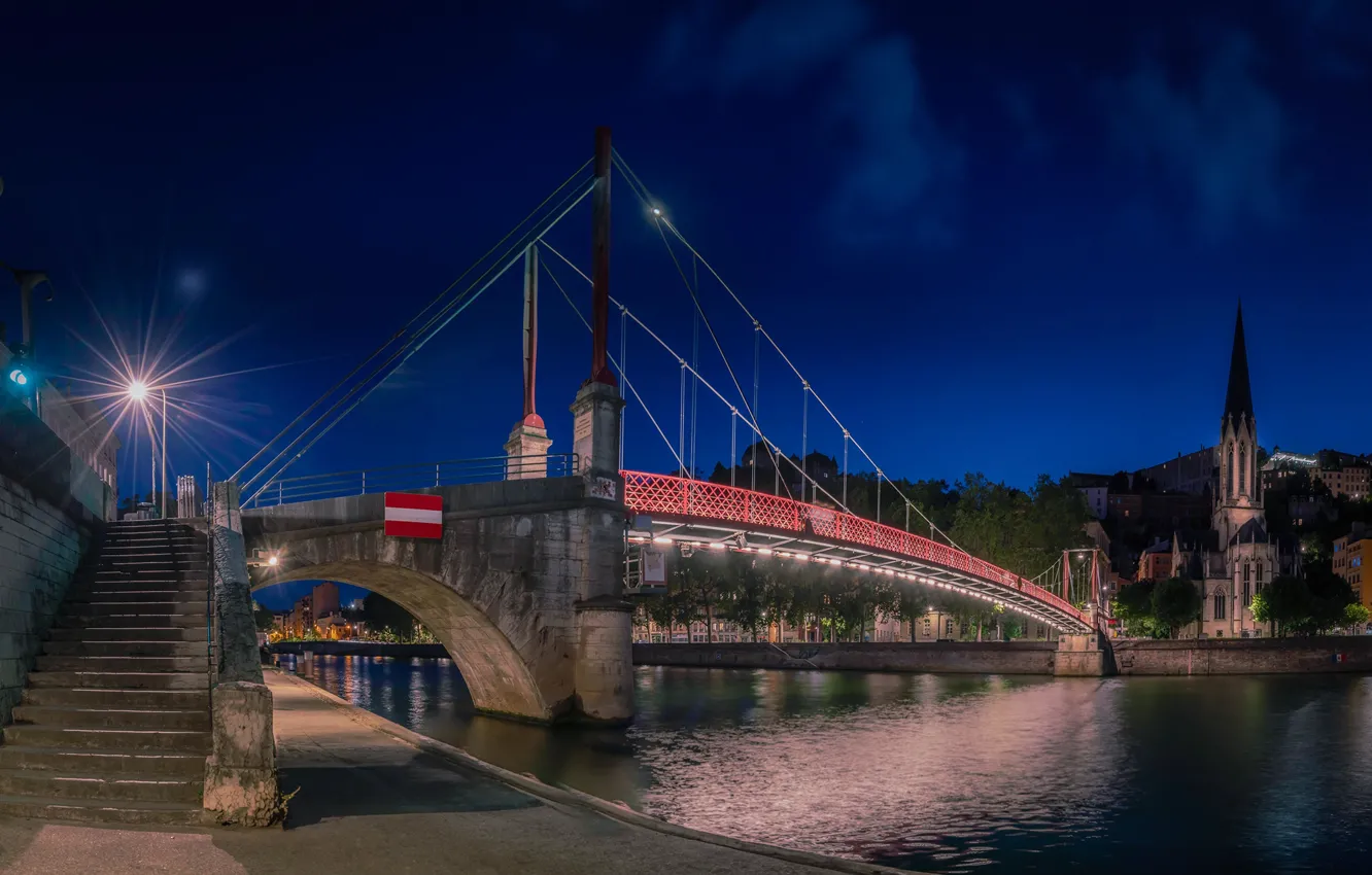 Photo wallpaper night, bridge, river, France, lights, ladder, France, Lyon