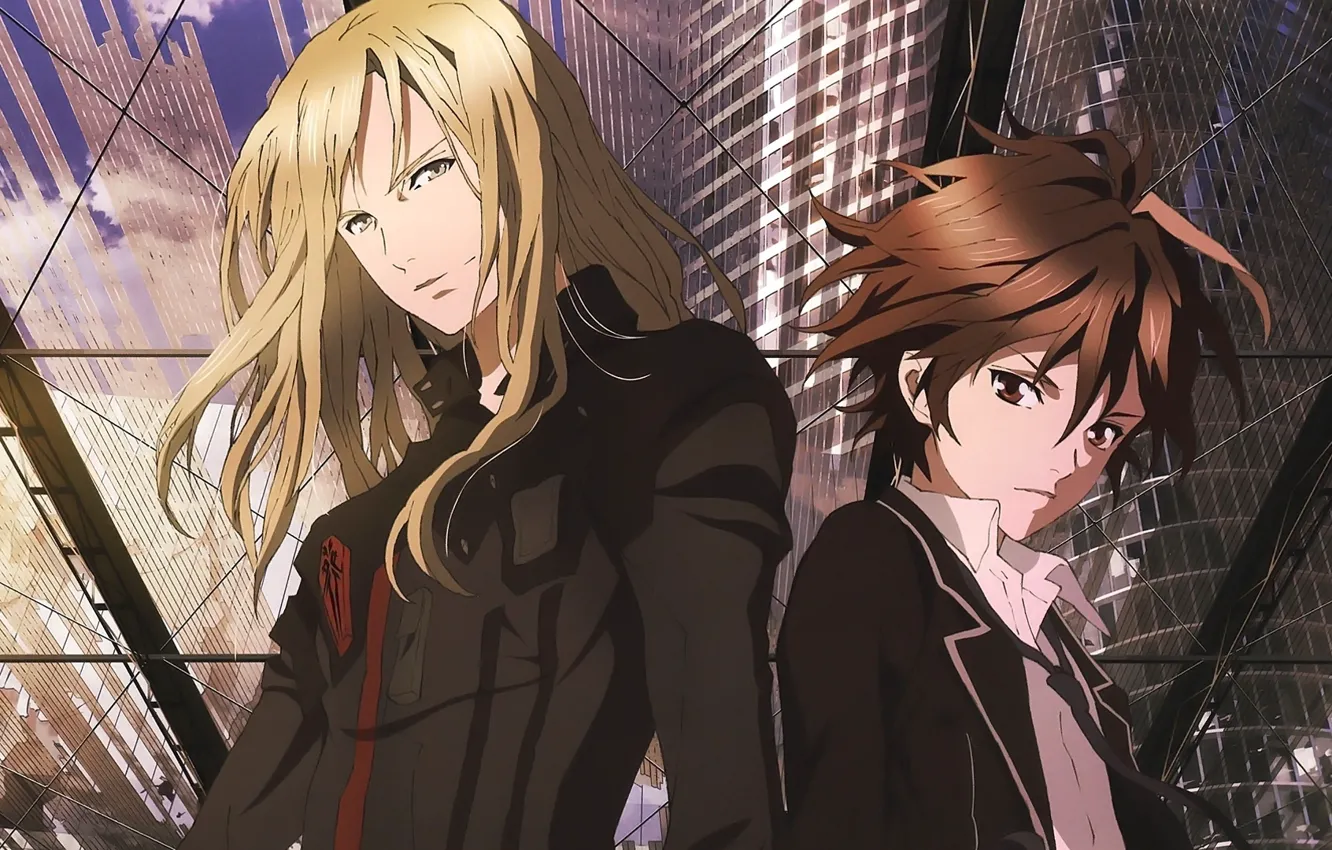 Photo wallpaper skyscraper, form, long hair, guilty crown, two guys, guilty crown, shu ouma, gai tsutsugami