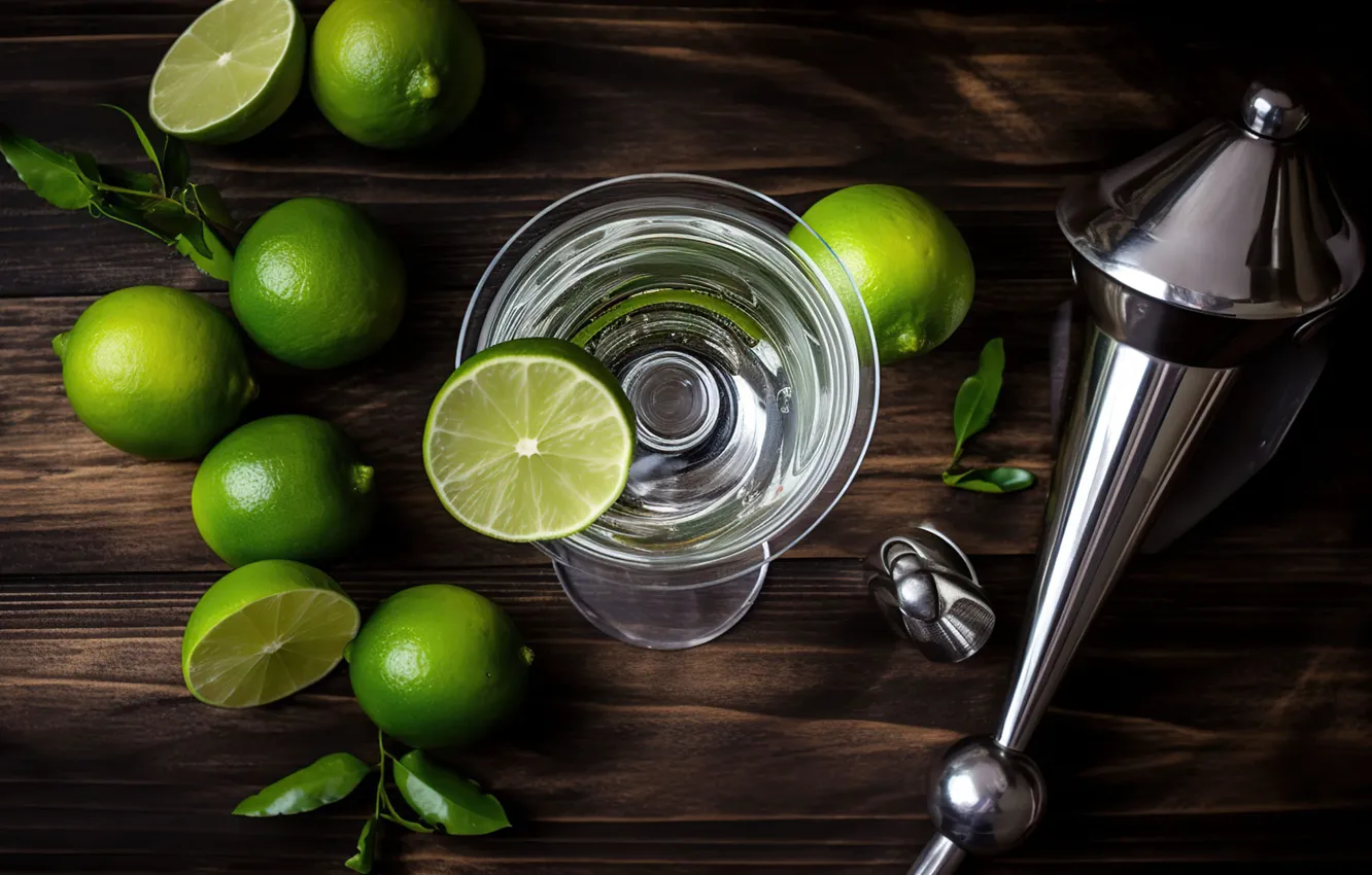 Photo wallpaper Board, glass, alcohol, lime, vodka, glass, vessel, digital art