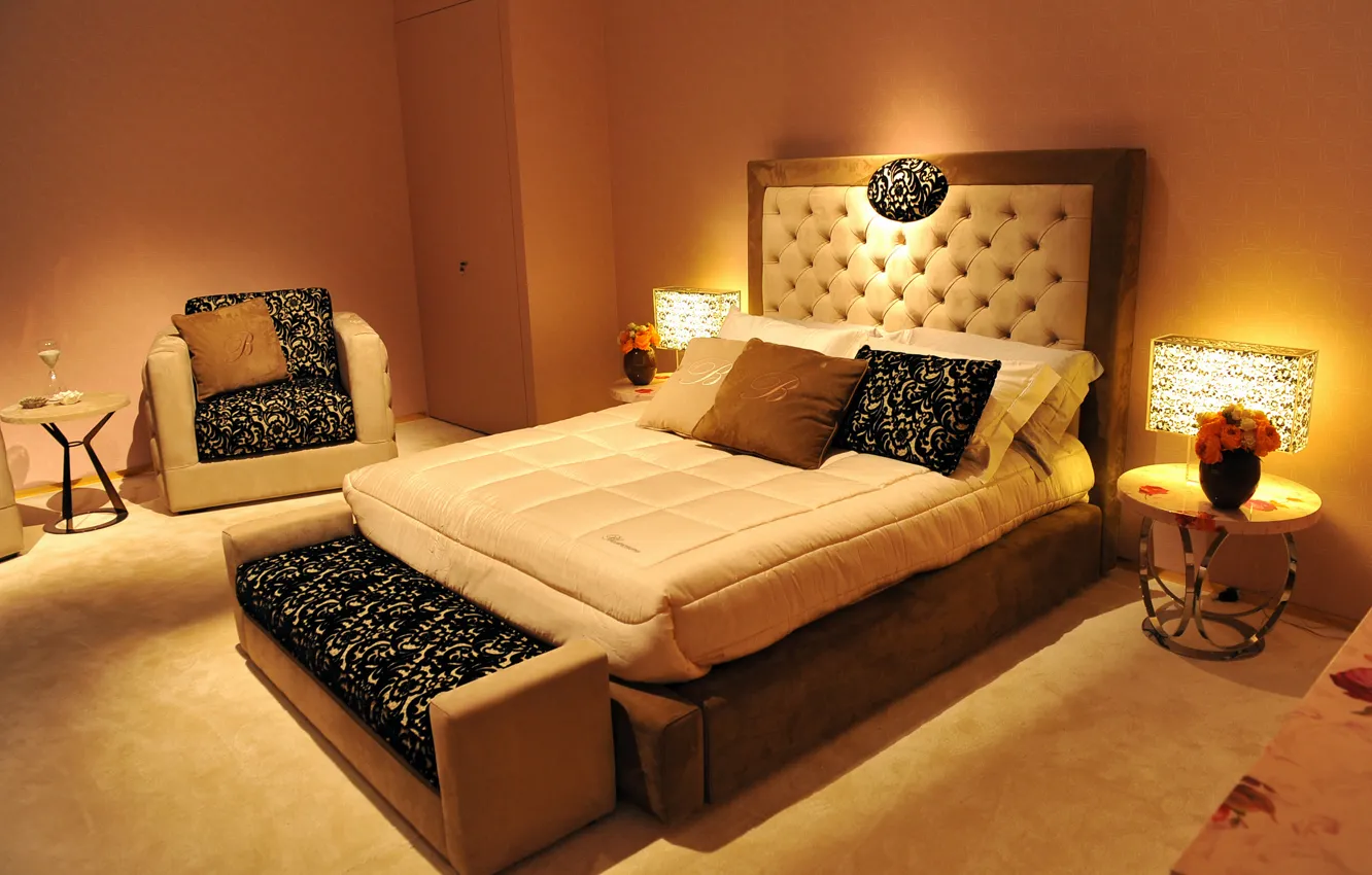 Photo wallpaper room, bed, interior, pillow, lamp, table, bedroom