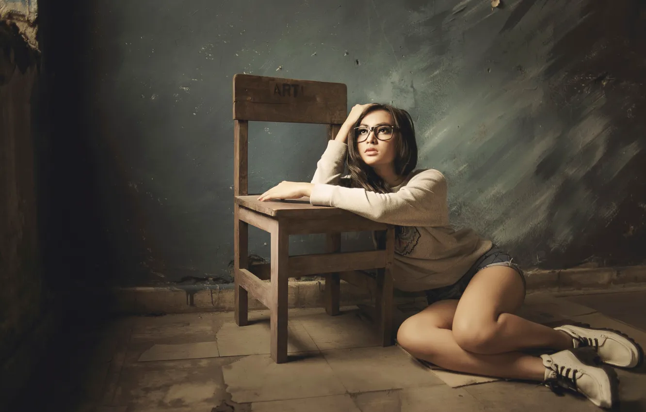 Photo wallpaper look, girl, loneliness, room, art, glasses, chair