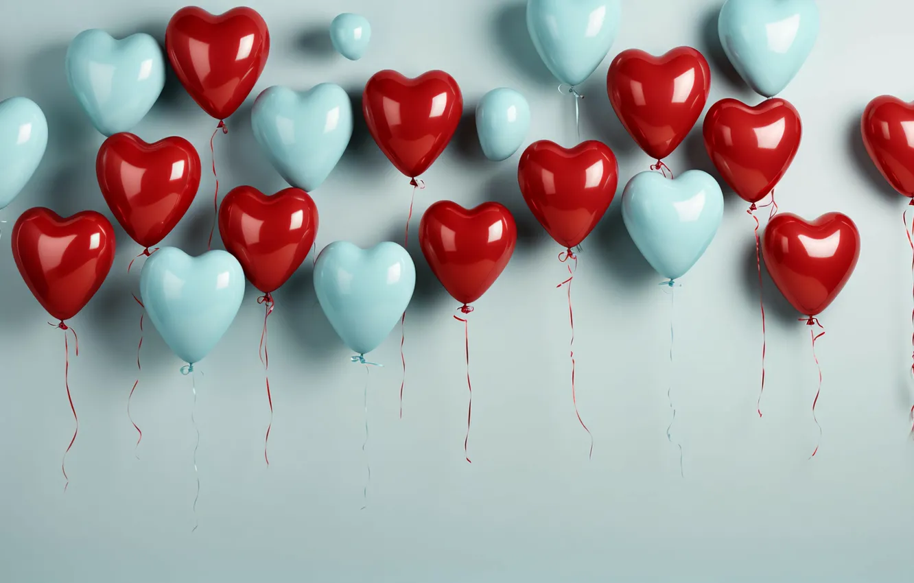Photo wallpaper love, red, balloons, holiday, blue, heart, hearts, air