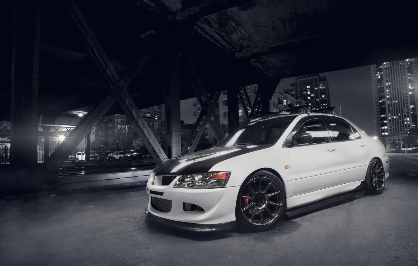 Photo wallpaper white, bridge, the city, Mitsubishi, Lancer, white, Evolution, Lancer