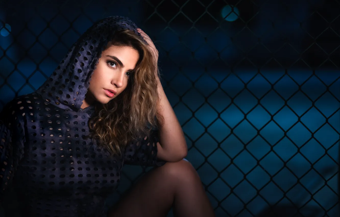 Photo wallpaper face, style, mesh, model, hair, the fence, the evening, beauty