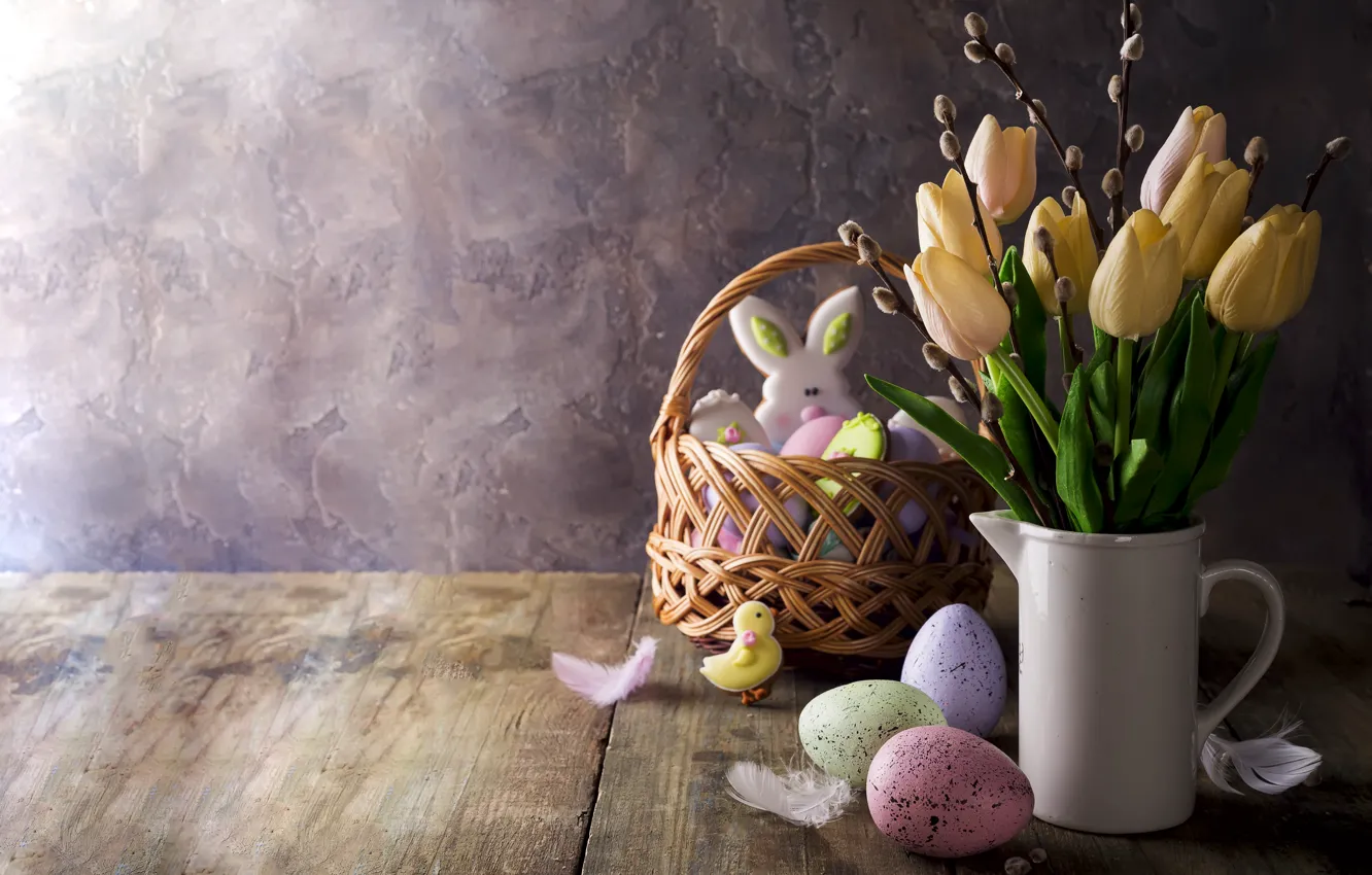 Photo wallpaper holiday, bouquet, cookies, Easter, vase, basket, glaze, Easter