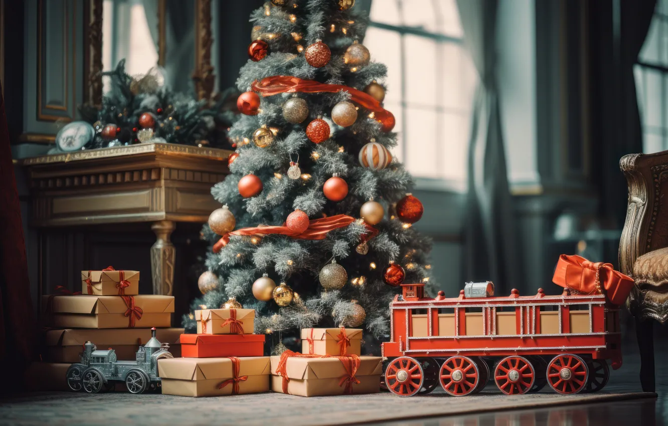 Photo wallpaper gift, toy, new year, train, the engine, cars, Christmas, train