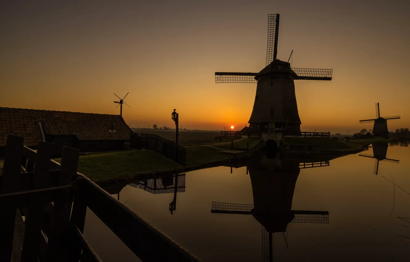 Photo wallpaper sunset, the evening, channel, Netherlands, windmill, Shermer
