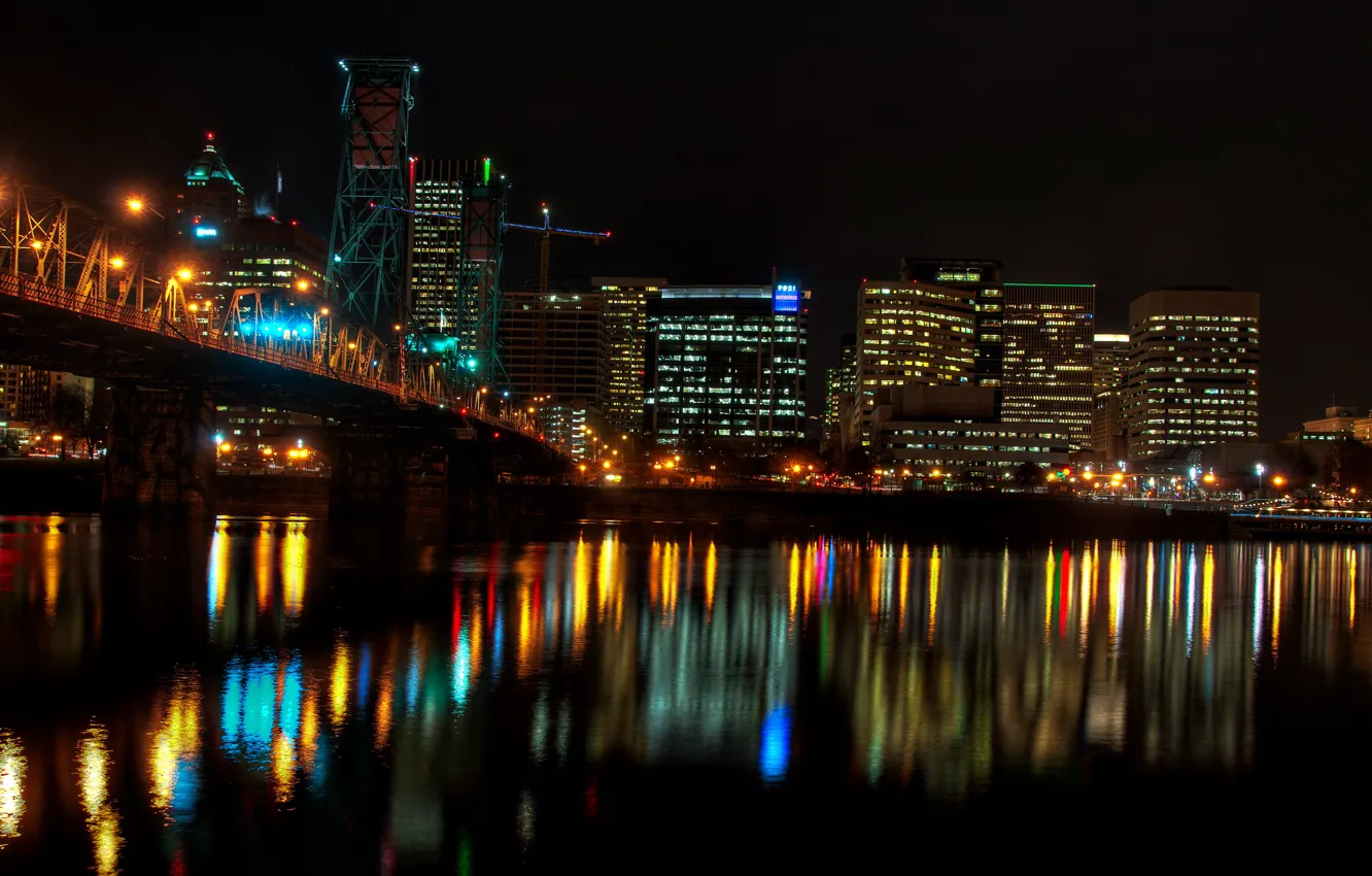 Photo wallpaper water, night, bridge, the city, photo, home, USA, Portland