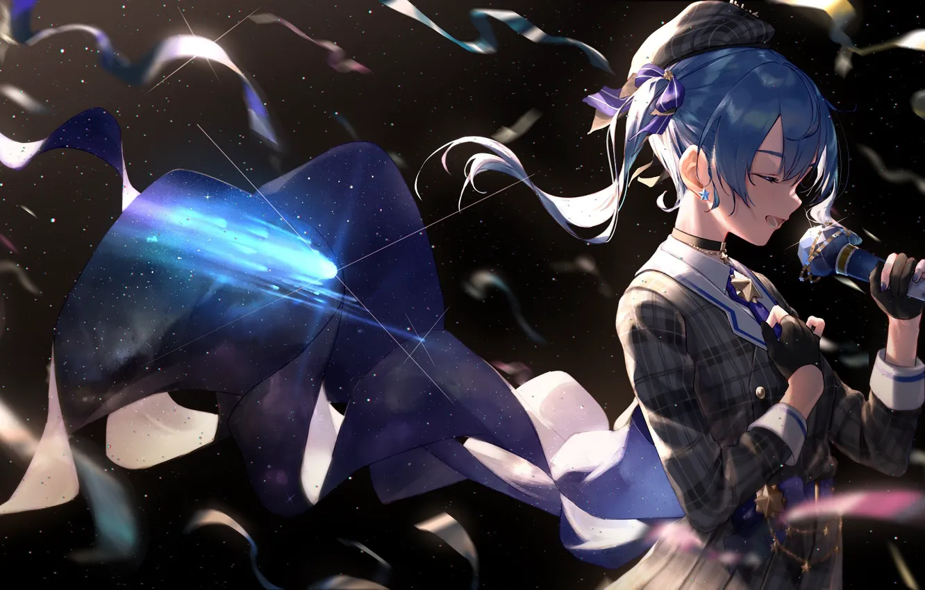 Photo wallpaper girl, microphone, singer, Virtual youtuber, Suisei Hoshimachi