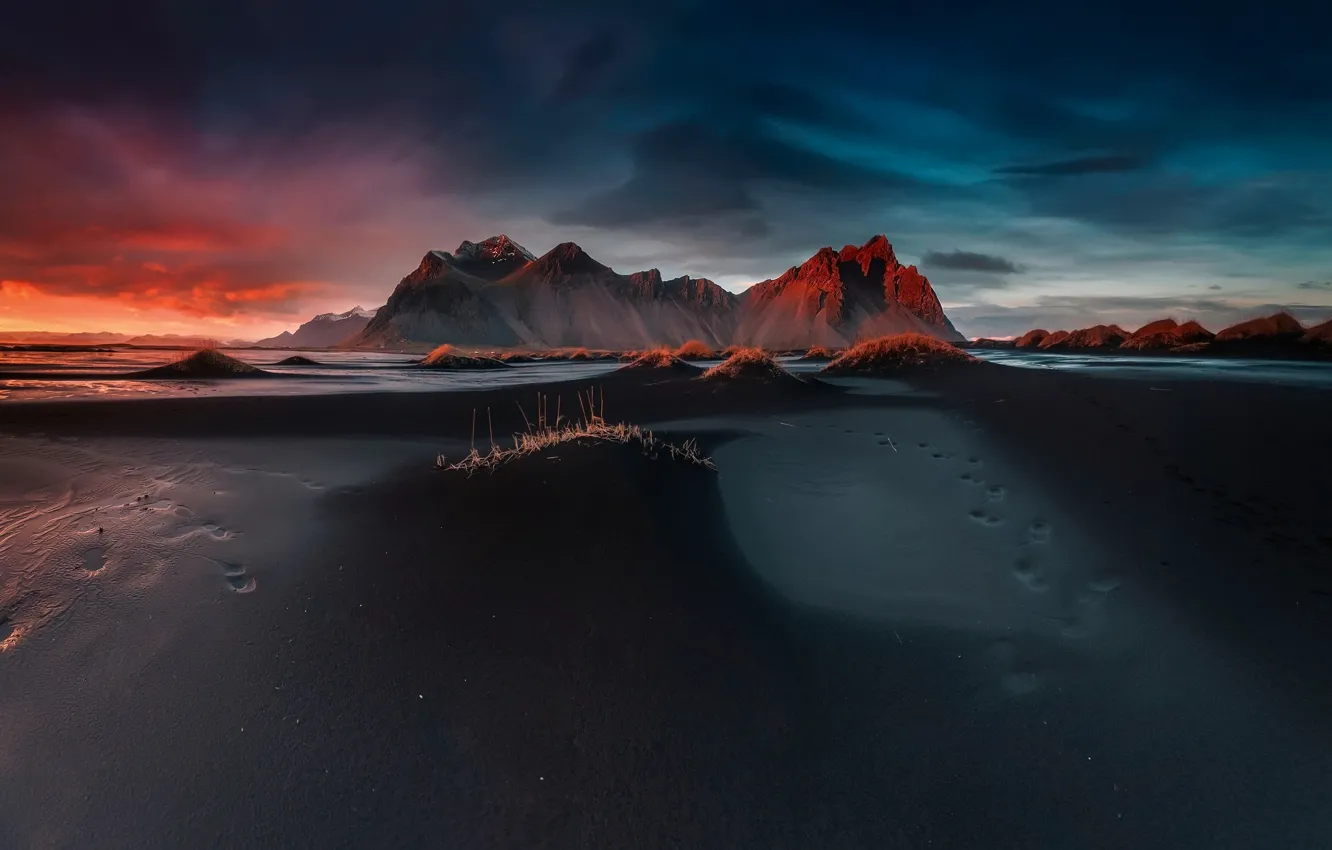 Photo wallpaper beach, the sky, clouds, traces, the evening, morning, Cape, Stokksnes
