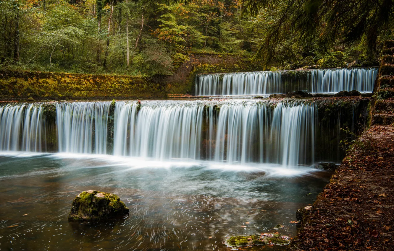 Photo wallpaper autumn, forest, trees, Park, rocks, stone, waterfall, stream