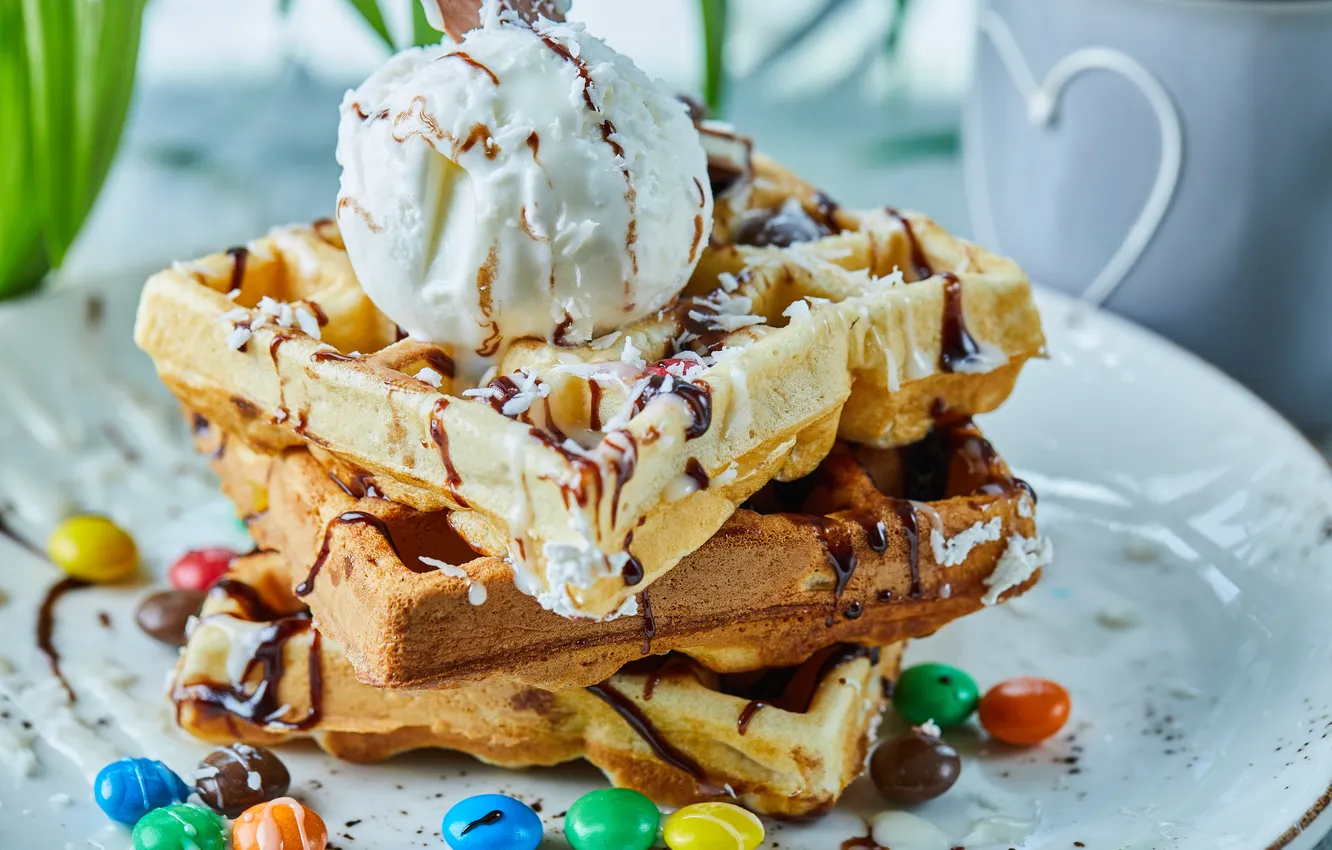 Photo wallpaper chocolate balls, ice-cream, chocolate, waffles