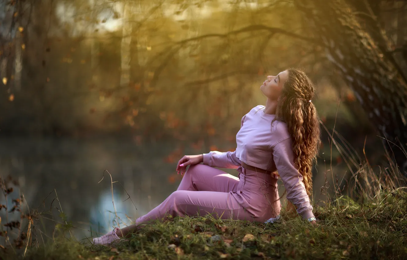 Photo wallpaper grass, trees, nature, lake, model, women, brunette, sitting