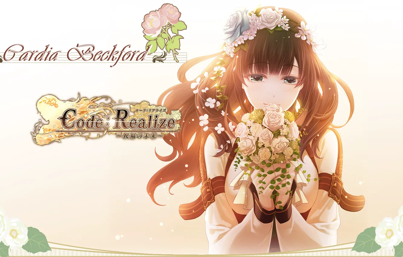 Photo wallpaper flowers, red, wreath, white roses, a bunch, straps, visual novel, code realize