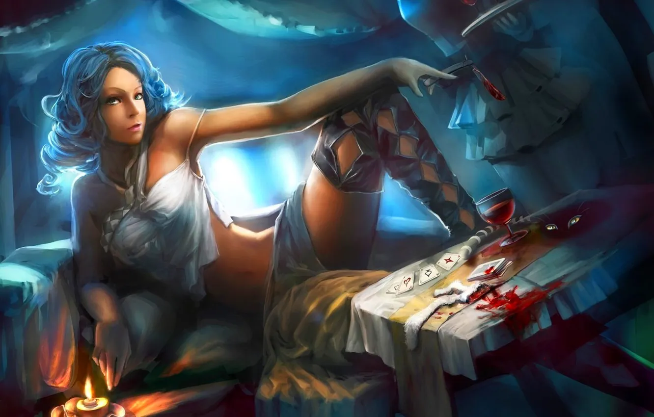 Photo wallpaper wine, blood, glass, map, candles, art, knife, Alice in Wonderland