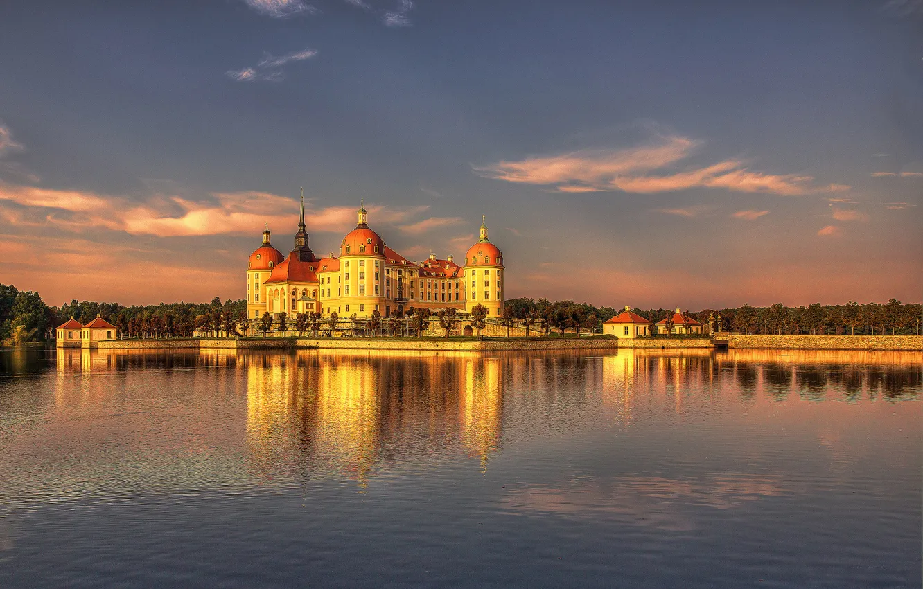 Photo wallpaper the sky, clouds, lake, reflection, castle, Germany, mirror, Moritzburg