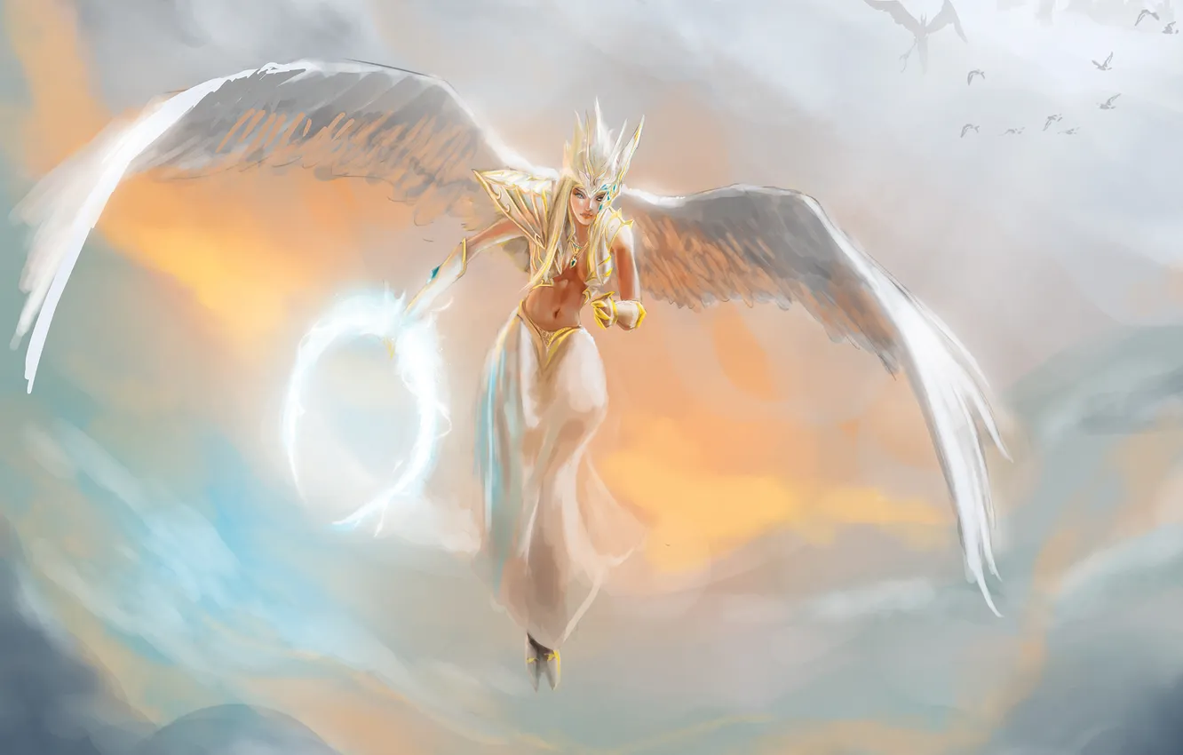 Photo wallpaper the sky, bird, the game, wings, angel, art, dota 2, Vengeful Spirit