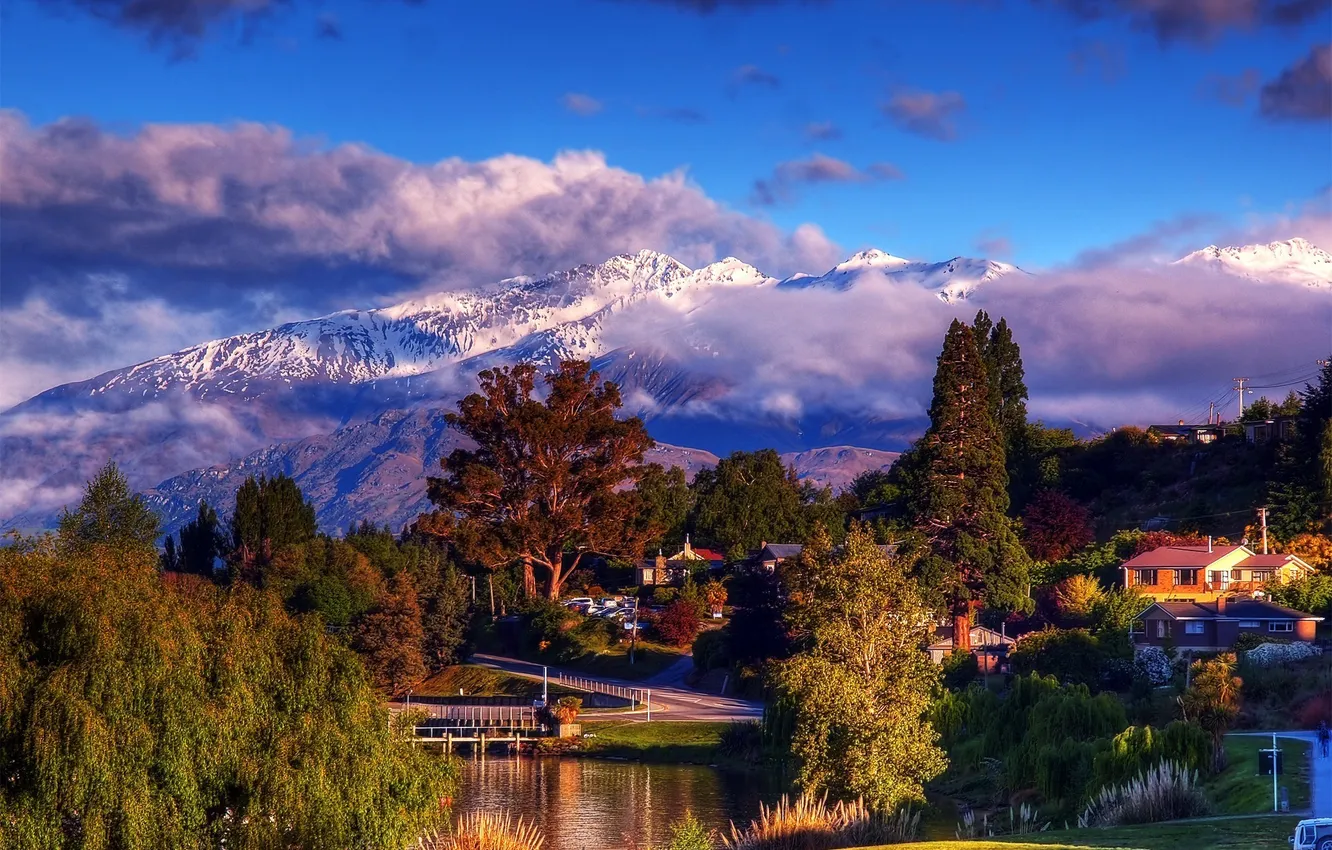 Photo wallpaper clouds, snow, trees, mountains, lake, island, home, New Zealand