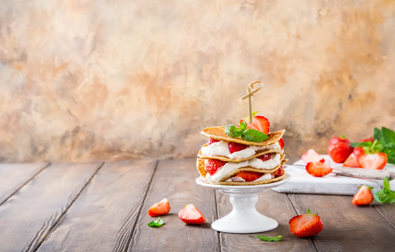 Photo wallpaper berries, strawberry, pancakes, cream, Iryna Melnyk