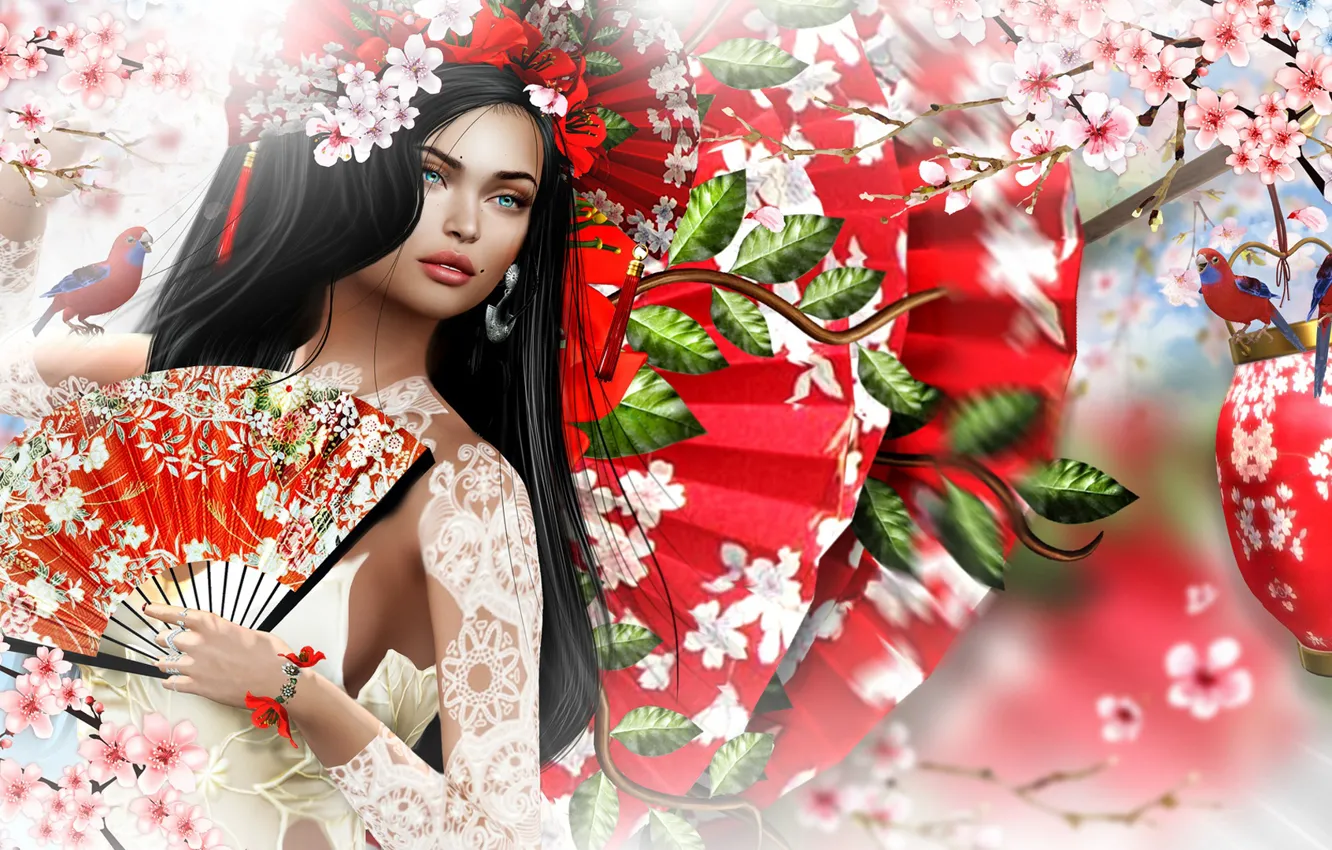 Photo wallpaper girl, bird, Sakura, fan, art, parrot