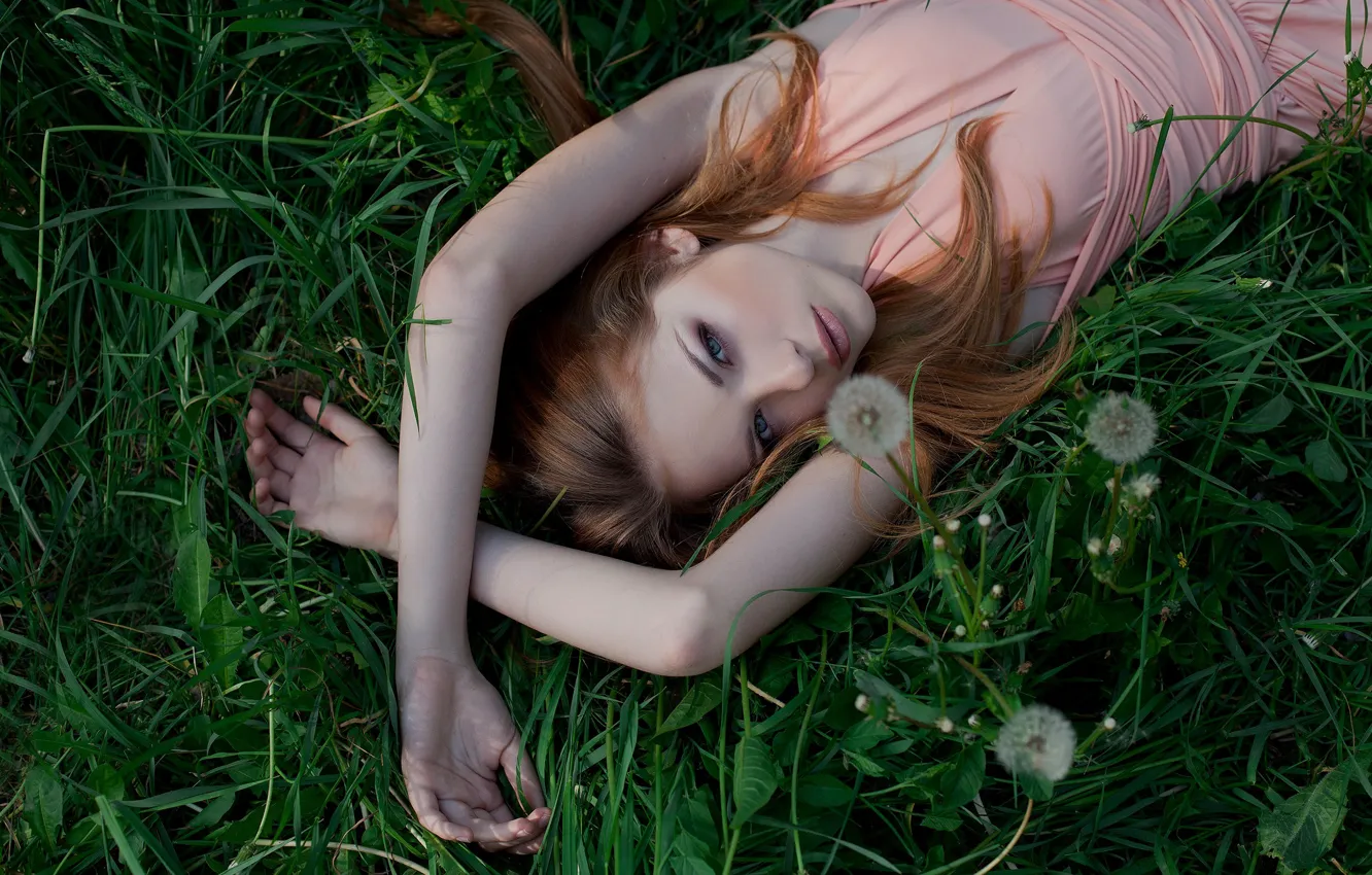 Photo wallpaper grass, look, girl, nature, pose, sweetheart, dress, blonde