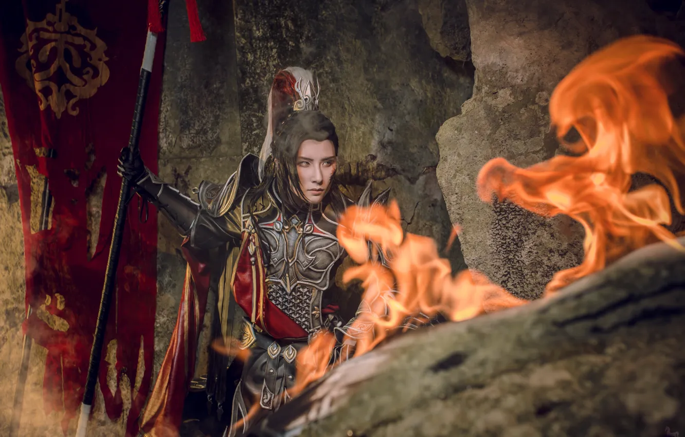 Photo wallpaper lights, flame, armor, flag, male, spear, cosplay