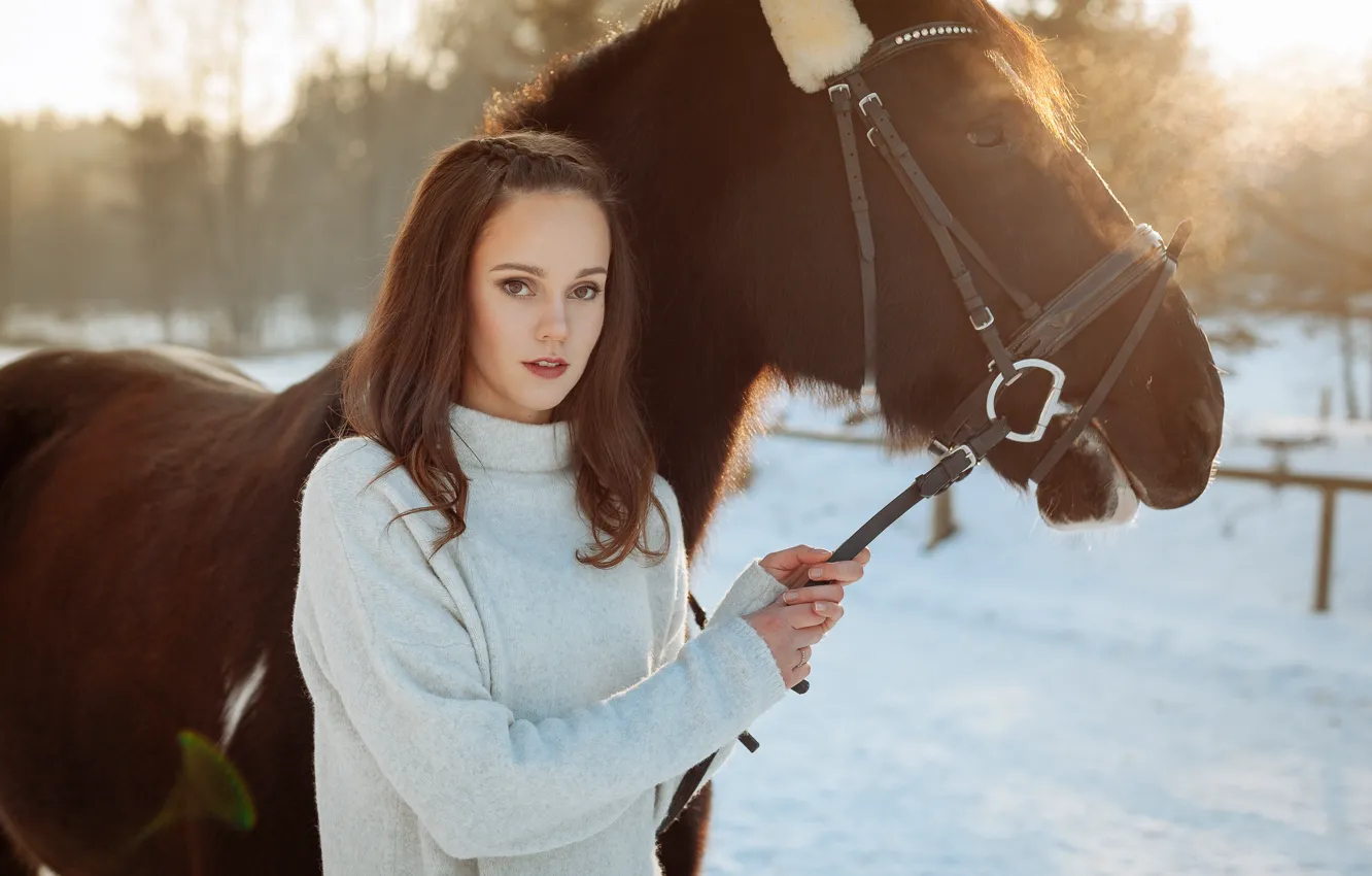Photo wallpaper winter, girl, horse