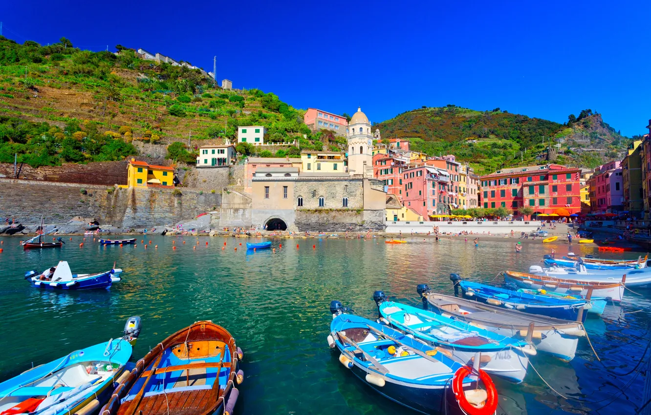 Photo wallpaper sea, landscape, mountains, the city, home, boats, Italy, Vernazza