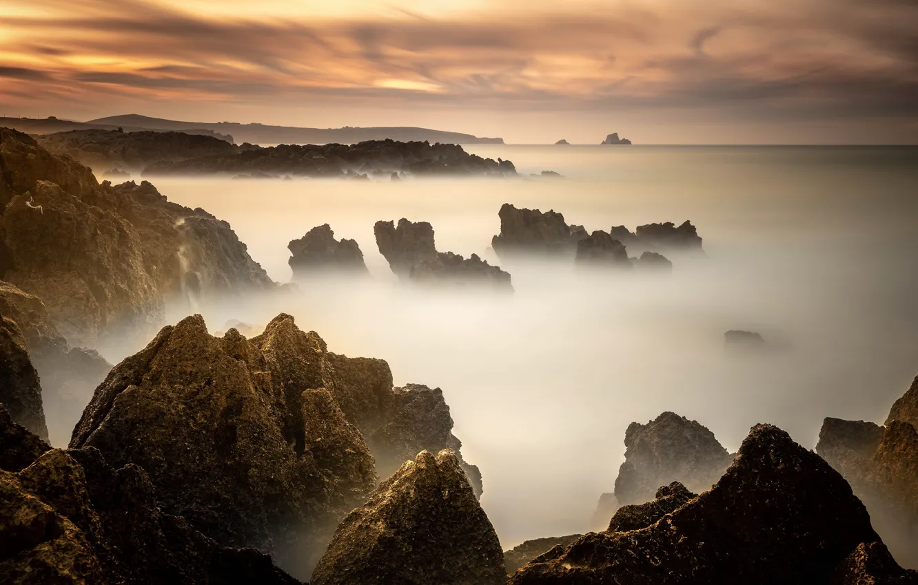 Photo wallpaper sea, the sky, sunset, fog, stones, rocks, dawn, shore