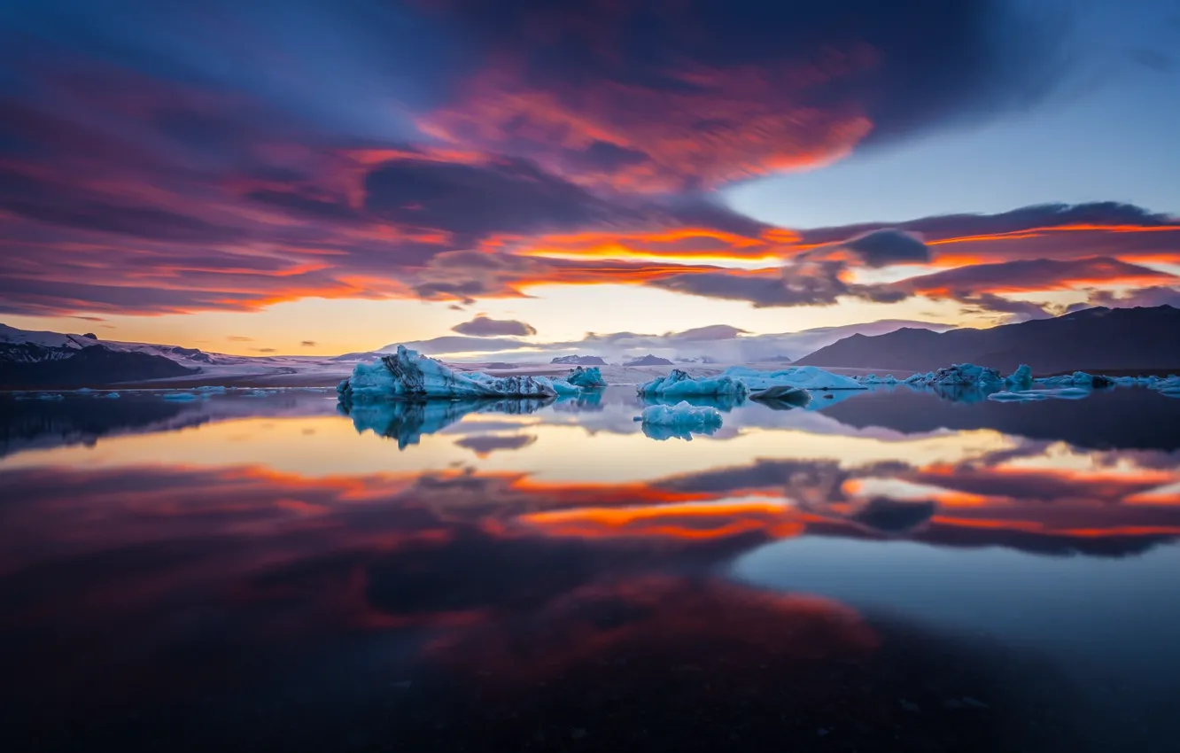 Photo wallpaper sea, the sky, sunset, paint, ice, North, the fjord
