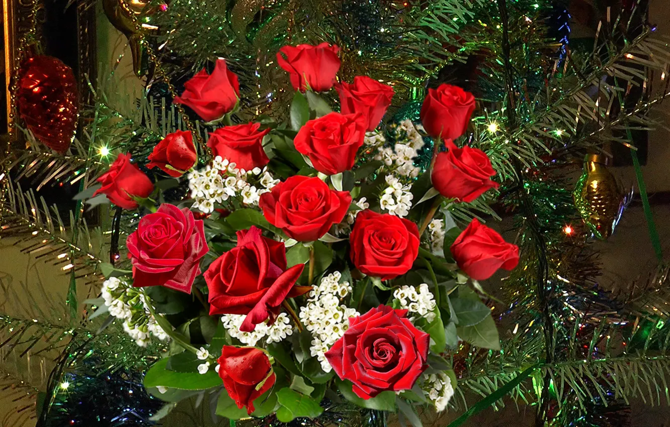 Photo wallpaper tree, new year, roses, bouquet