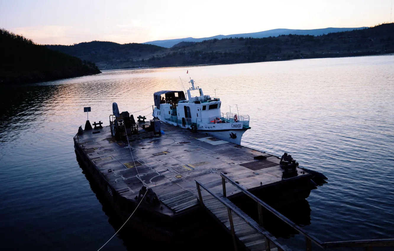 Photo wallpaper sunset, Lake, pier, Baikal, boat