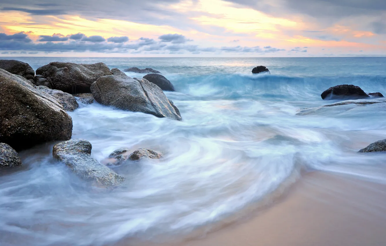 Photo wallpaper sand, sea, wave, beach, summer, the sky, sunset, stones