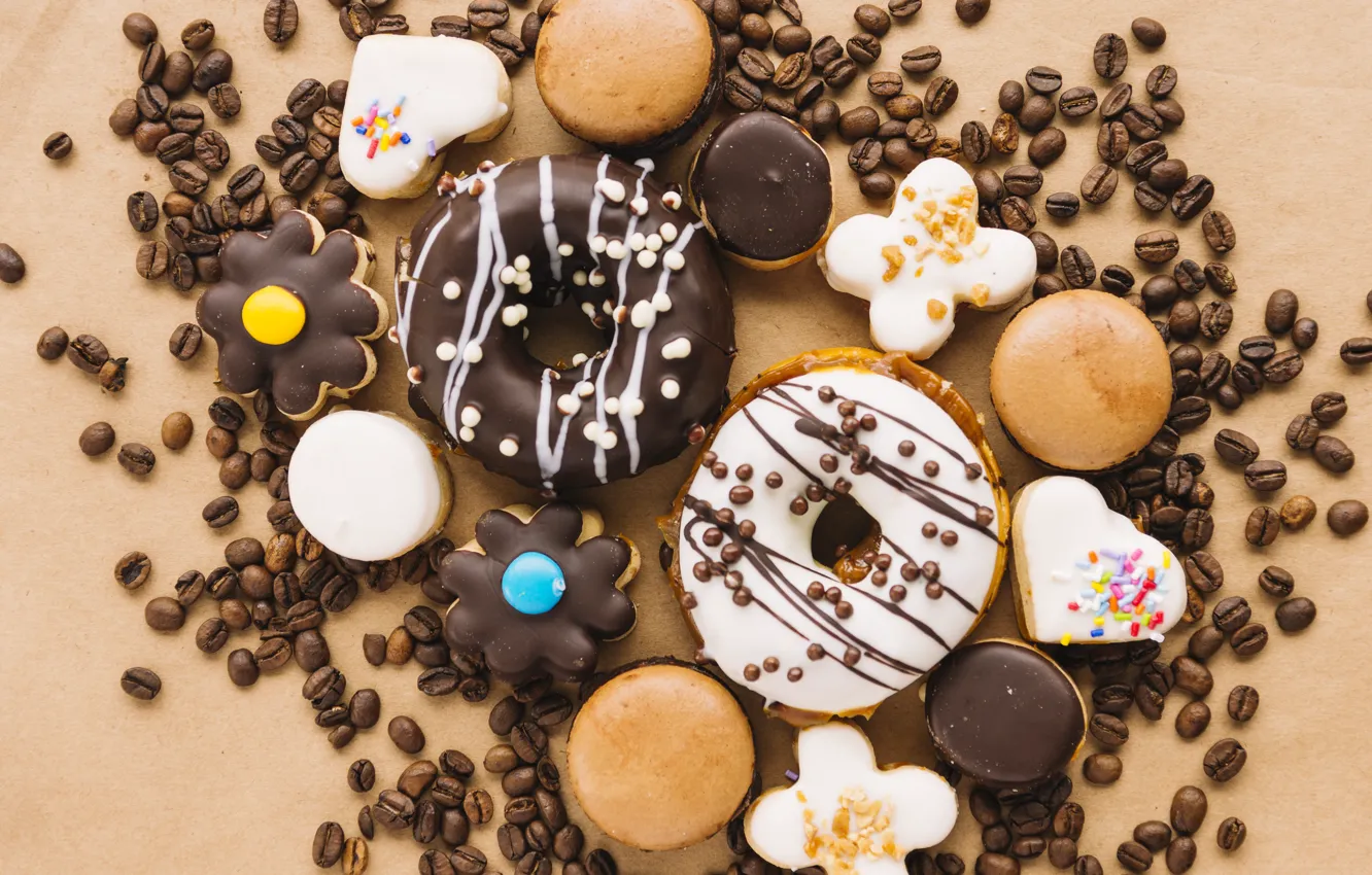 Photo wallpaper cookies, donuts, dessert, coffee beans, cakes, sweet
