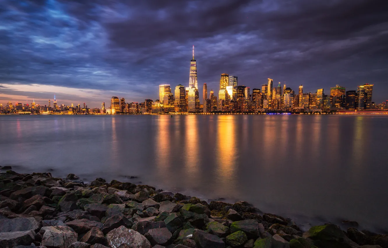 Photo wallpaper the sky, clouds, lights, stones, shore, home, New York, the evening