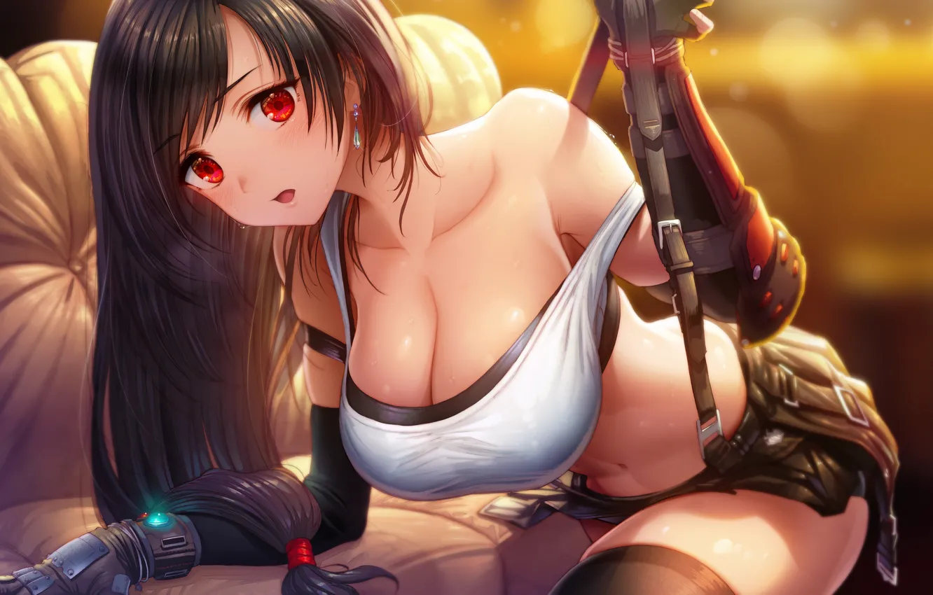 Photo wallpaper boobs, games, tifa lockhart, brunette, couch, Final Fantasy VII, miniskirt, game girl