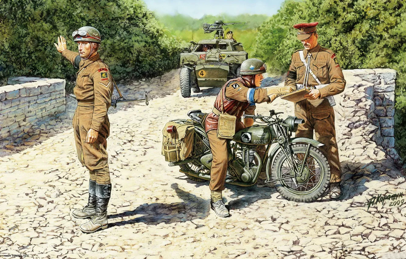 Photo wallpaper motorcycle, soldiers, military, British, The second world war, checkpoint, Triumph 3HW