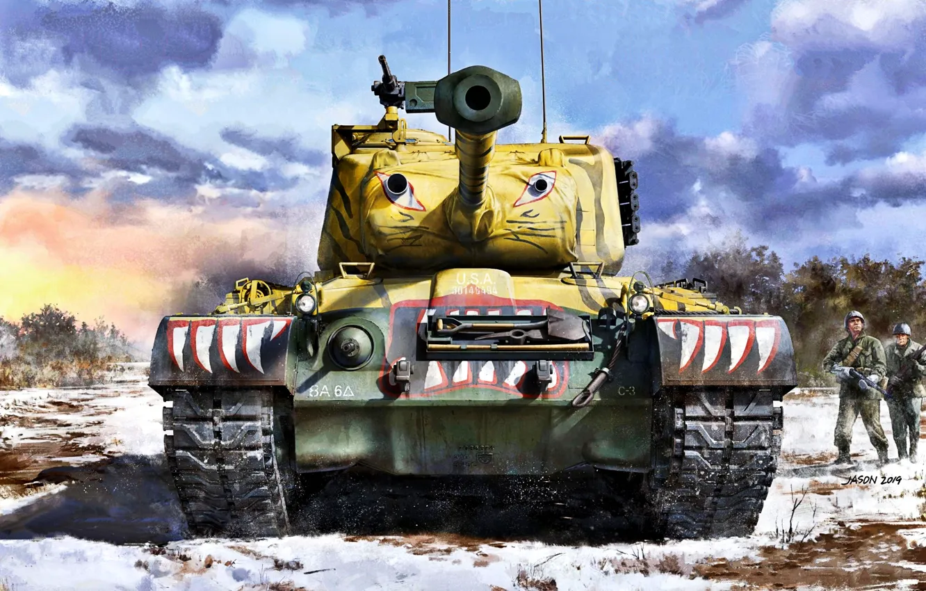 Photo wallpaper Snow, Soldiers, USA, Tank, US Army, Patton, The Korean war 1950-1953, M46