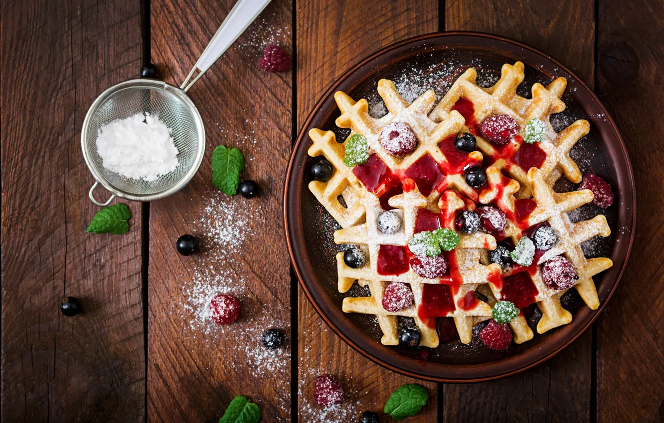 Photo wallpaper Berries, powdered sugar, Waffles