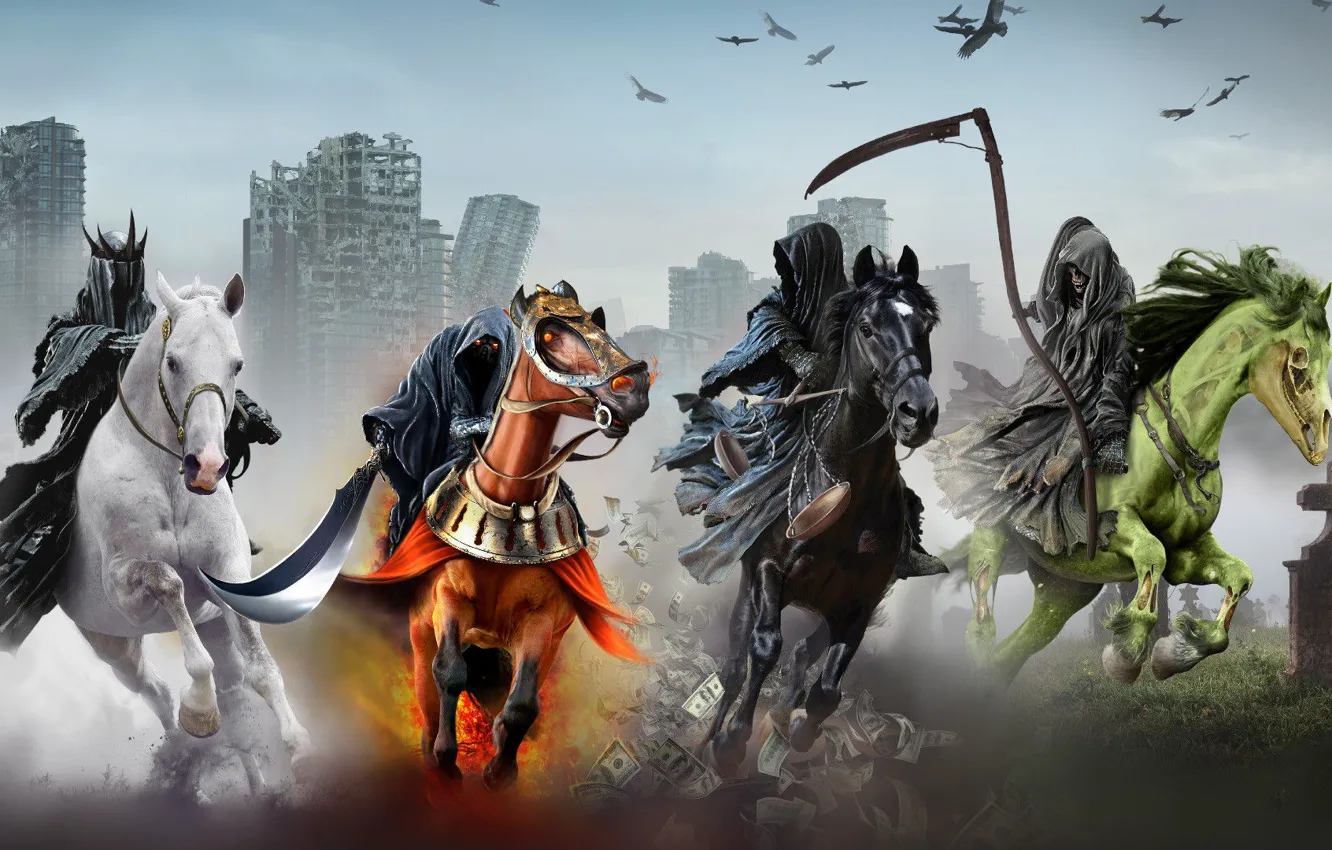 Photo wallpaper the city, death, horse, horse, braid, rider, The four horsemen of the Apocalypse, The Four …