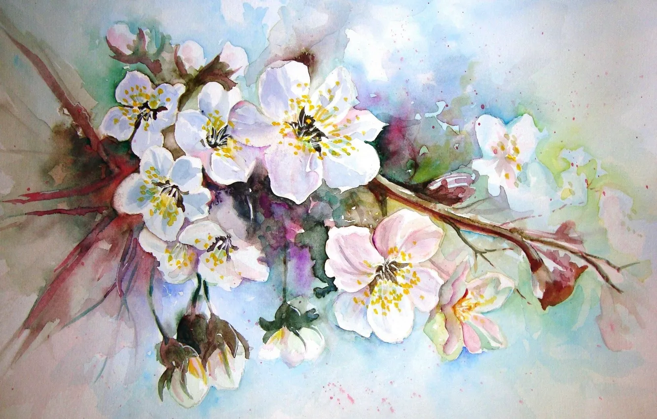 Photo wallpaper figure, picture, watercolor, painting, Apple blossoms, spring flowers, unknown author