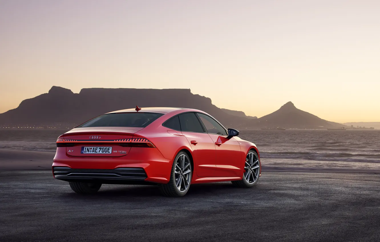 Photo wallpaper sunset, the evening, sedan, rear view, Sportback, Audi A7, 2019