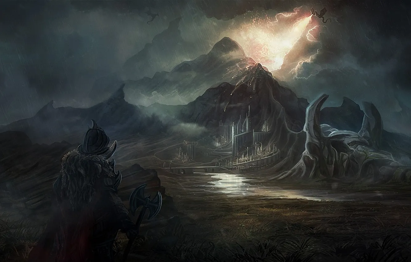 Photo wallpaper landscape, mountains, the city, lights, rain, dragon, people, armor
