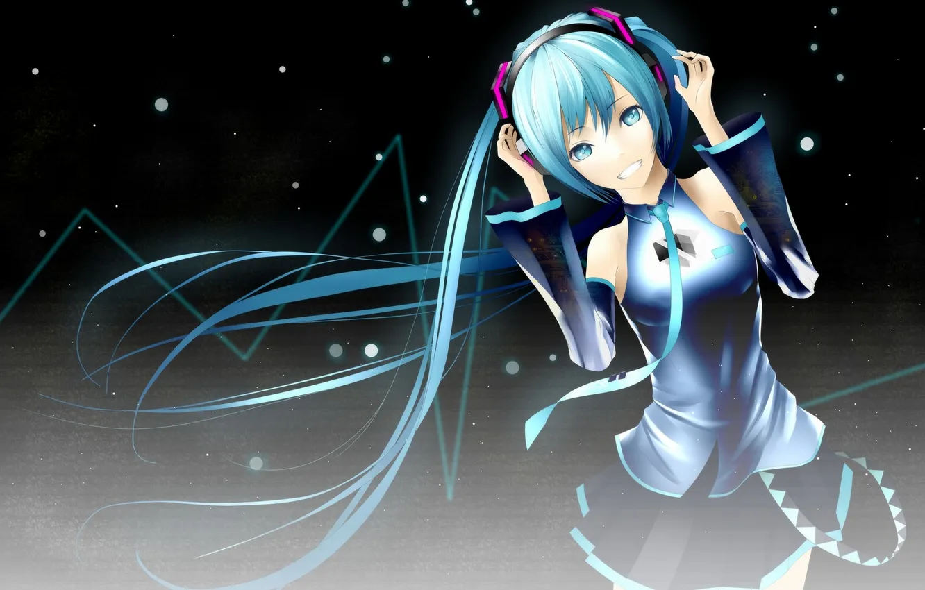 Photo wallpaper girl, smile, headphones, art, tie, vocaloid, hatsune miku, Vocaloid