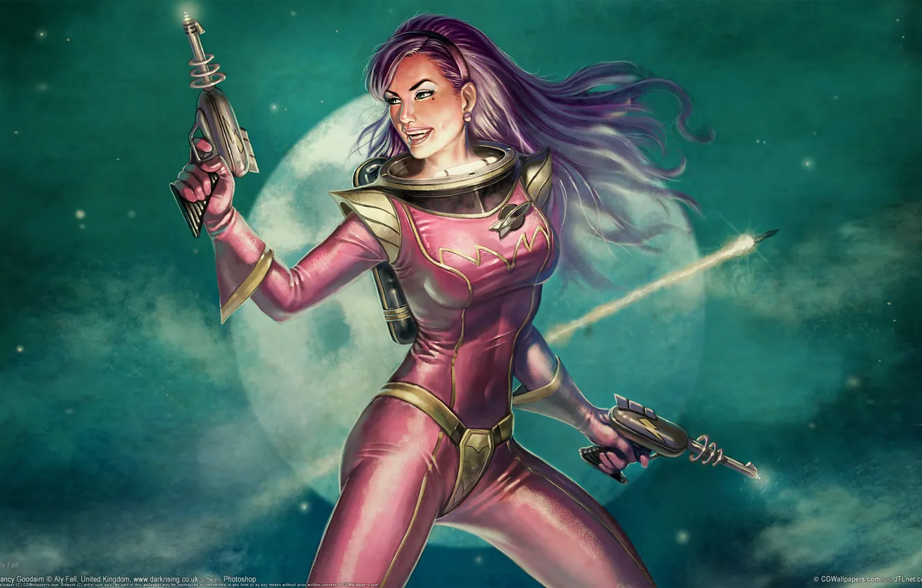 Photo wallpaper girl, space, gun, planet, laser