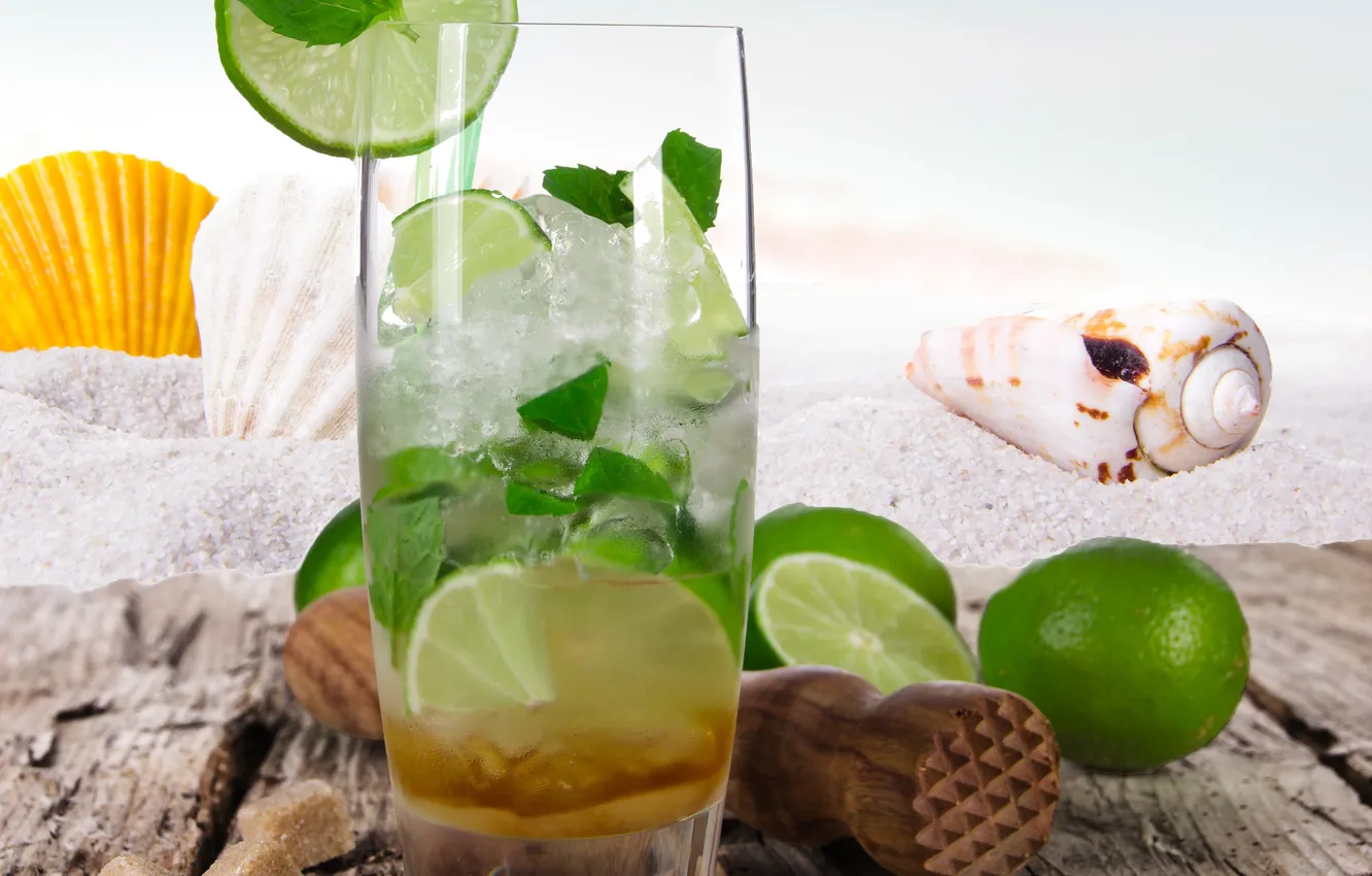 Photo wallpaper sea, beach, shell, beach, sand, drink, mojito, cocktail