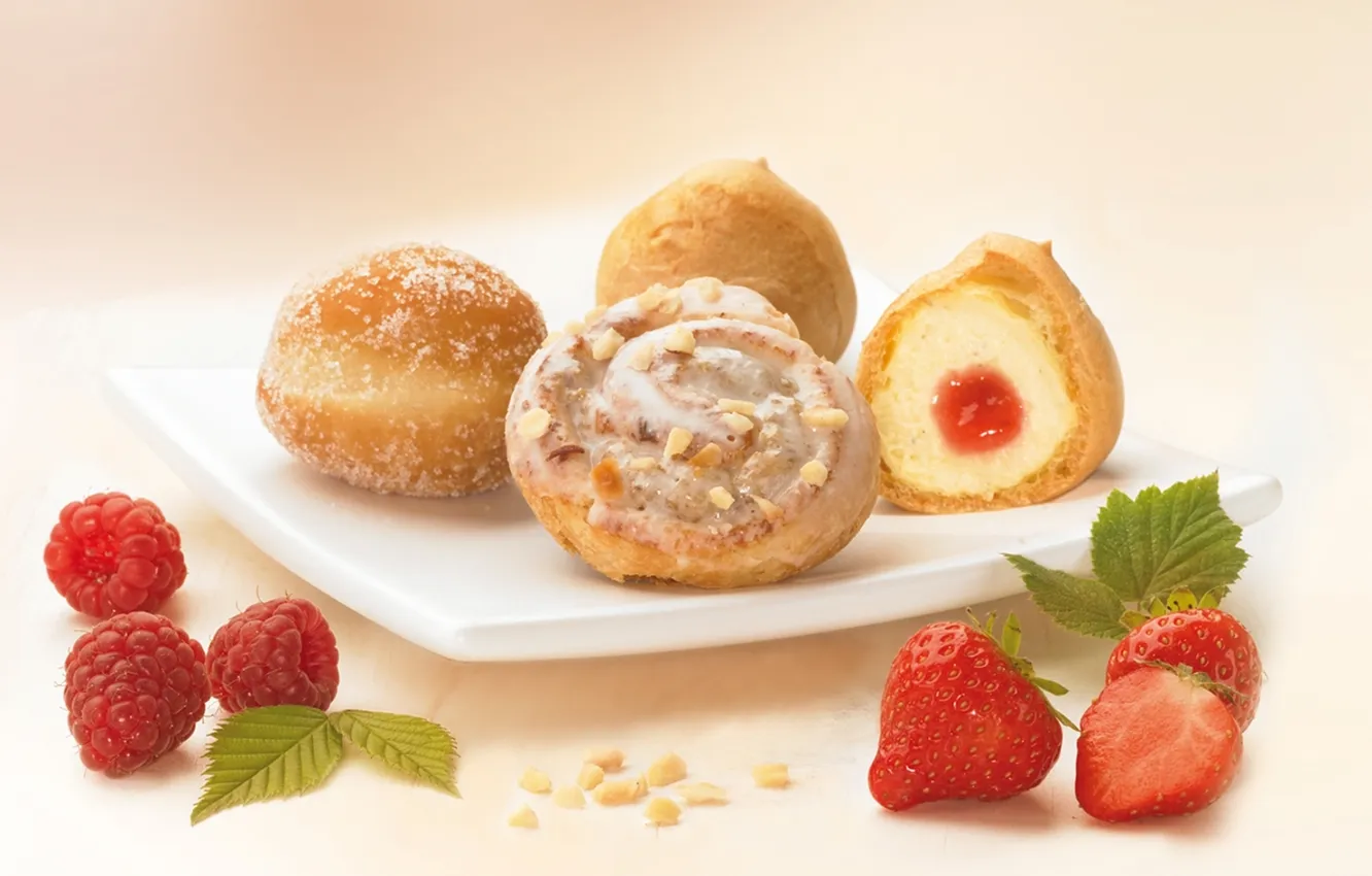 Photo wallpaper raspberry, food, strawberry, sugar, donuts, cake, dessert, cakes